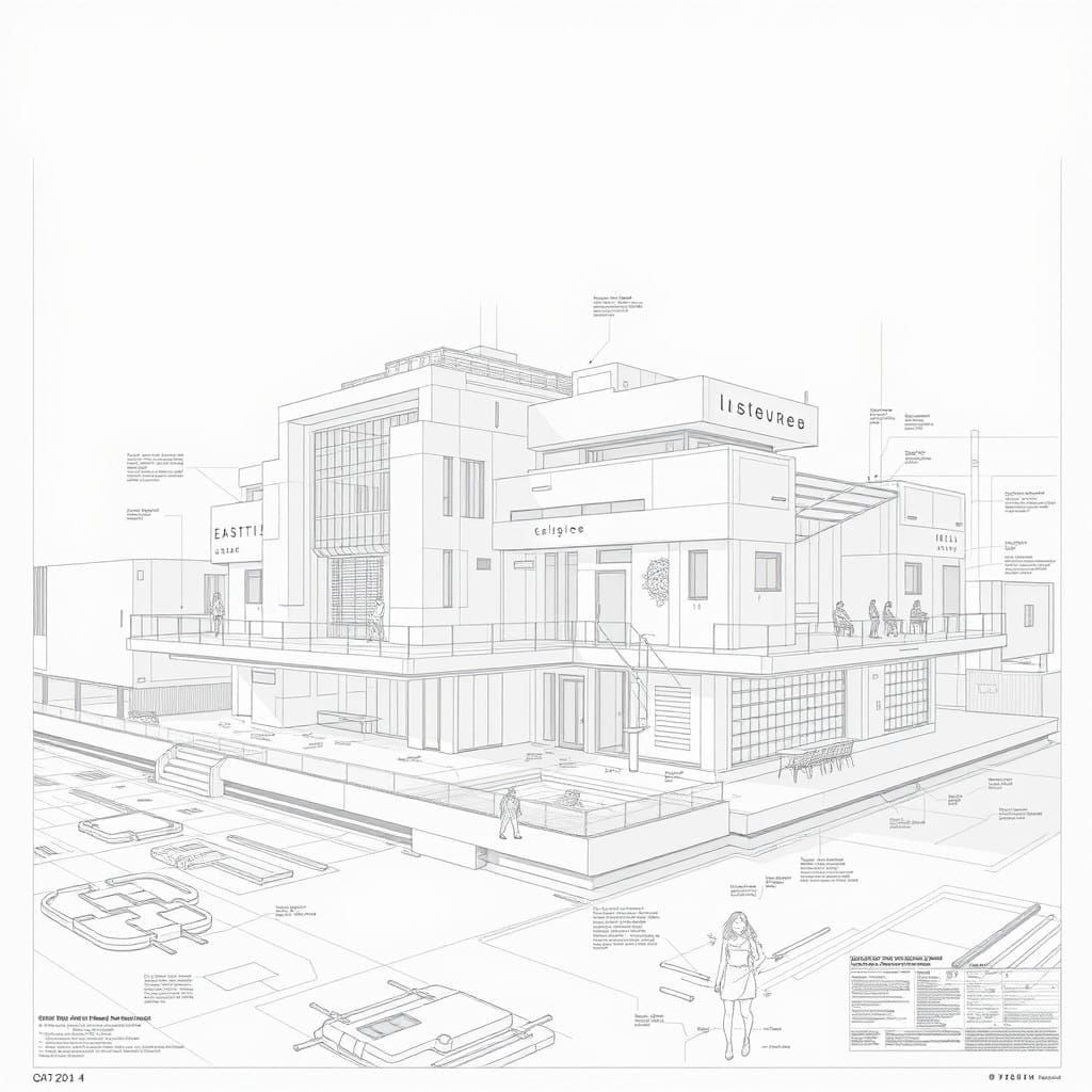 Sleek Architectural Blueprint in Maximalist Style, Blending...