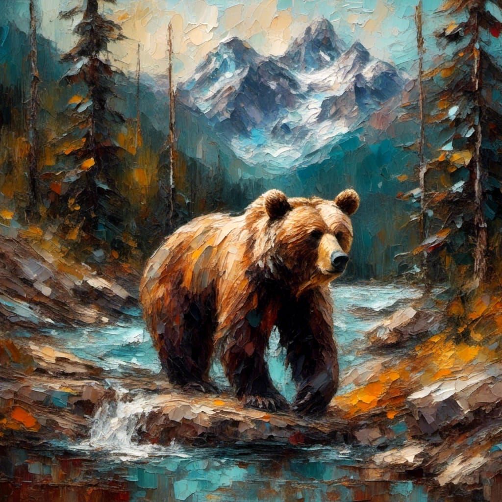 Brown Bear in Rocky Alpine Landscape as Impasto Painting