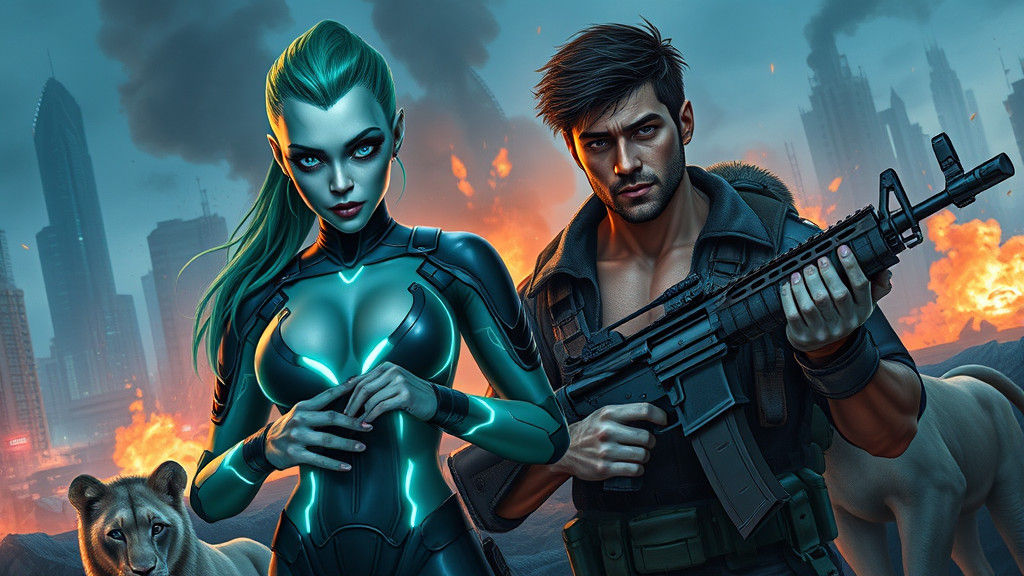 Alien Warrior and Human Soldier in Ruined Cityscape