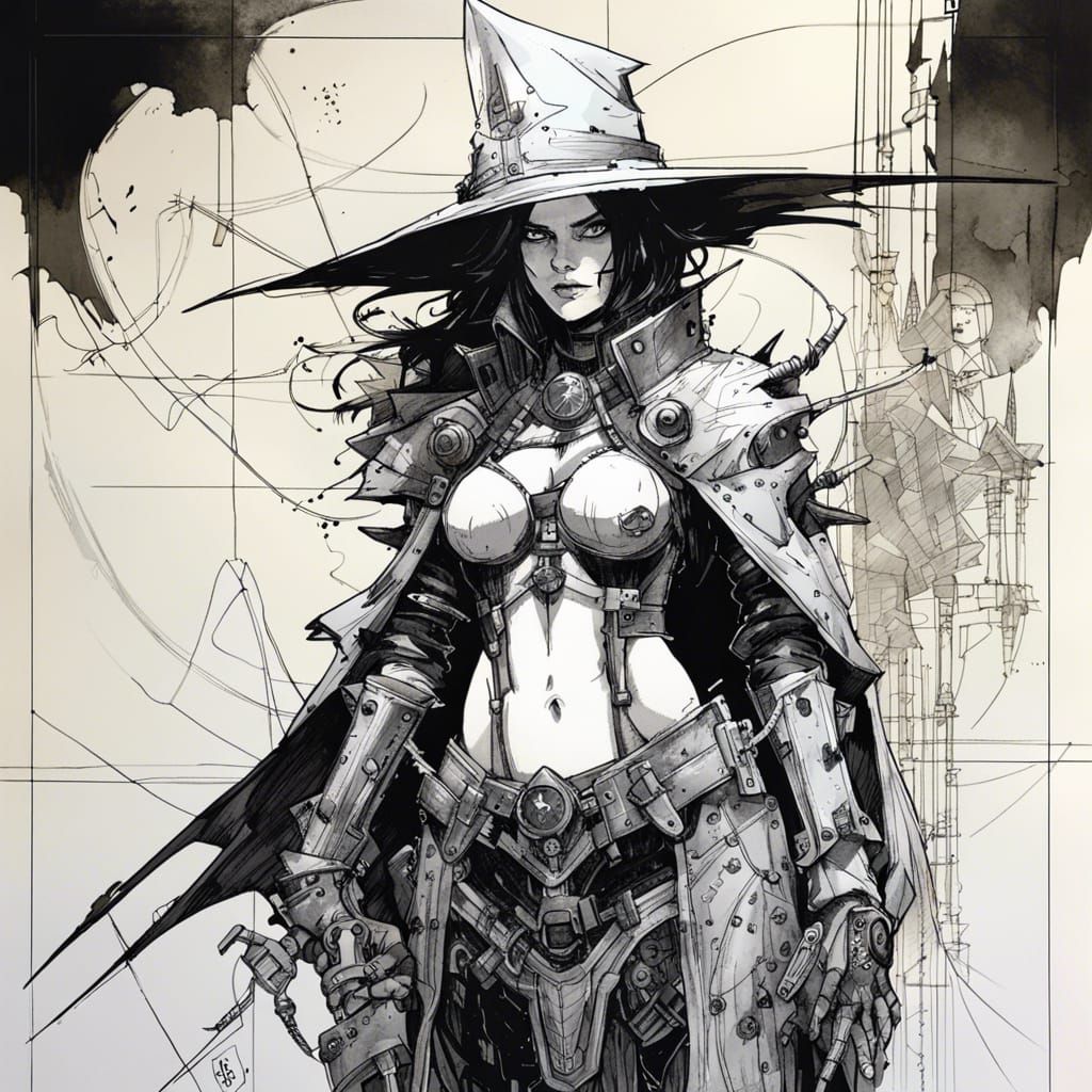 Goth Witch in Armor: Black and White Ink Art