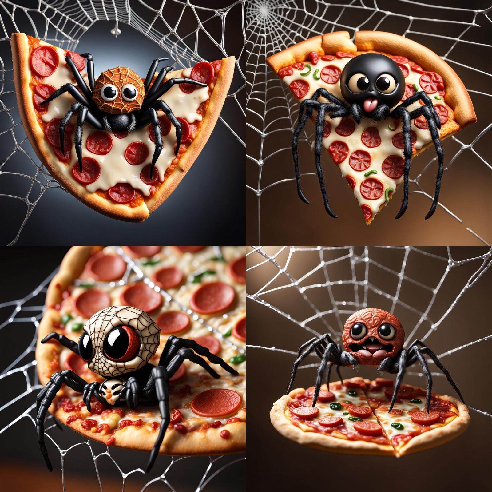 Chibi Spider Enjoys Pizza in Web: Photorealistic Art