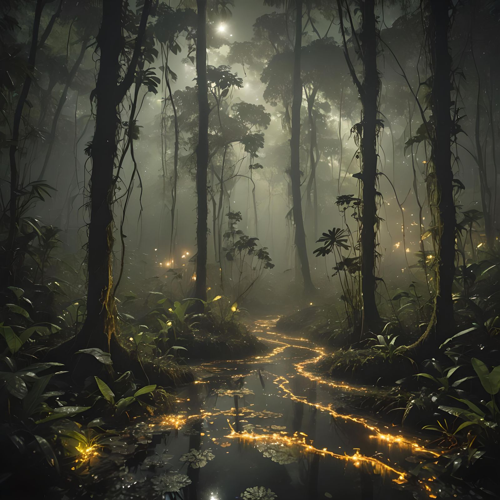 Nighttime scene in the Amazon Rainforest, Brazil. The forest floor is illuminated by the soft, ethereal glow of biolumin...