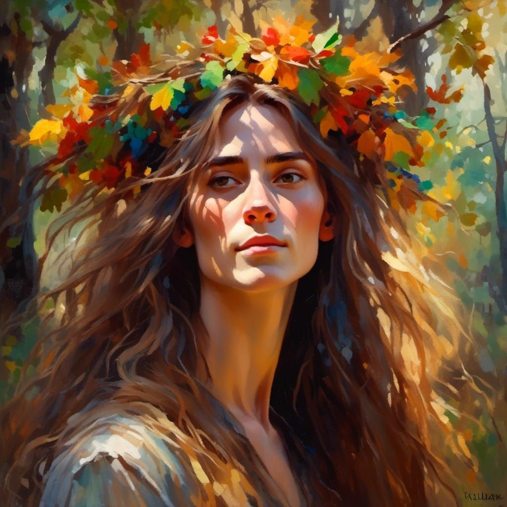 Forest Woman in Vibrant Oil Painting