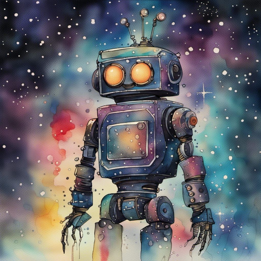 Colorful Watercolor Robot in Galaxy Night