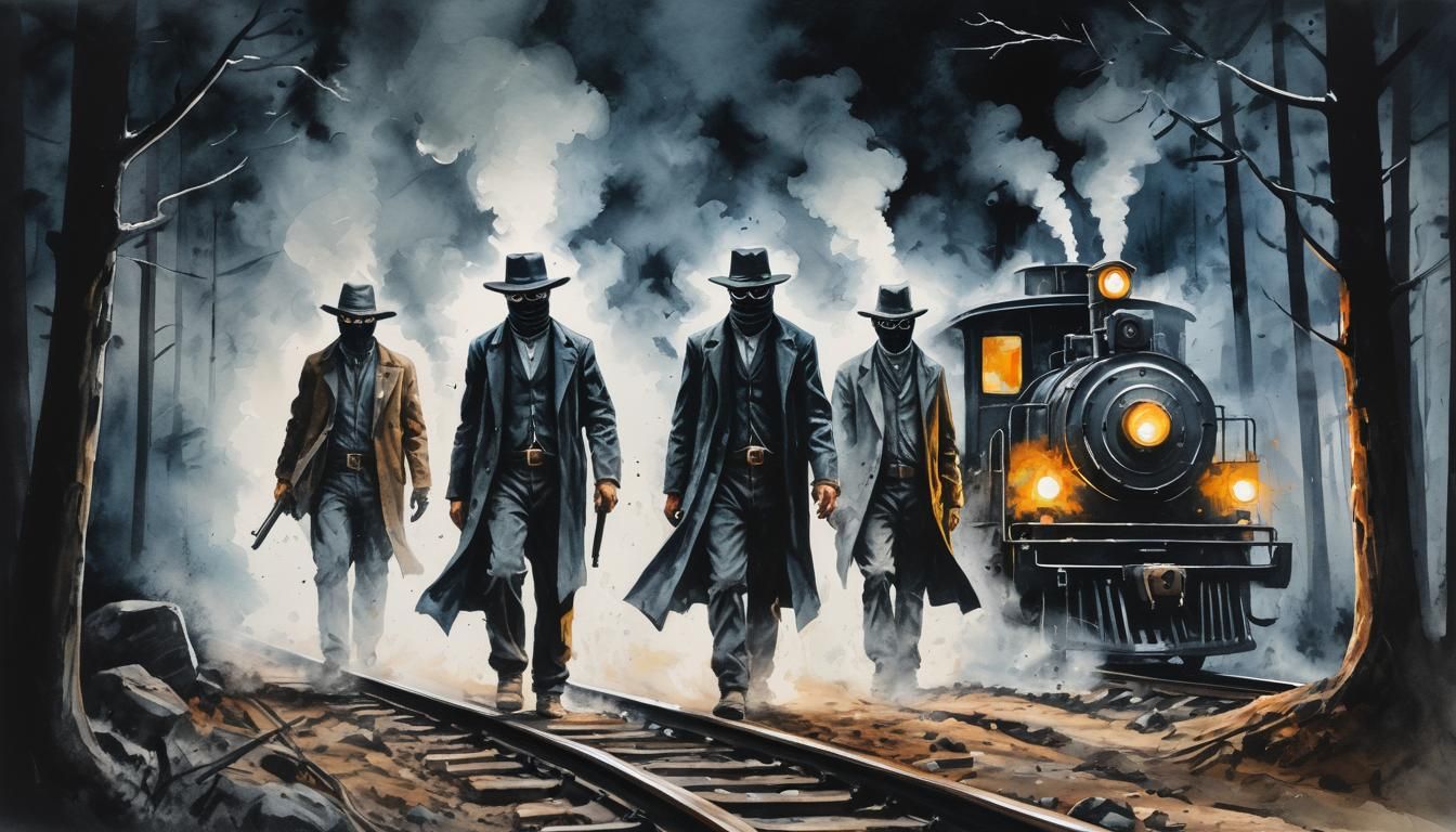 Masked Train Robbers in Wild West Watercolor