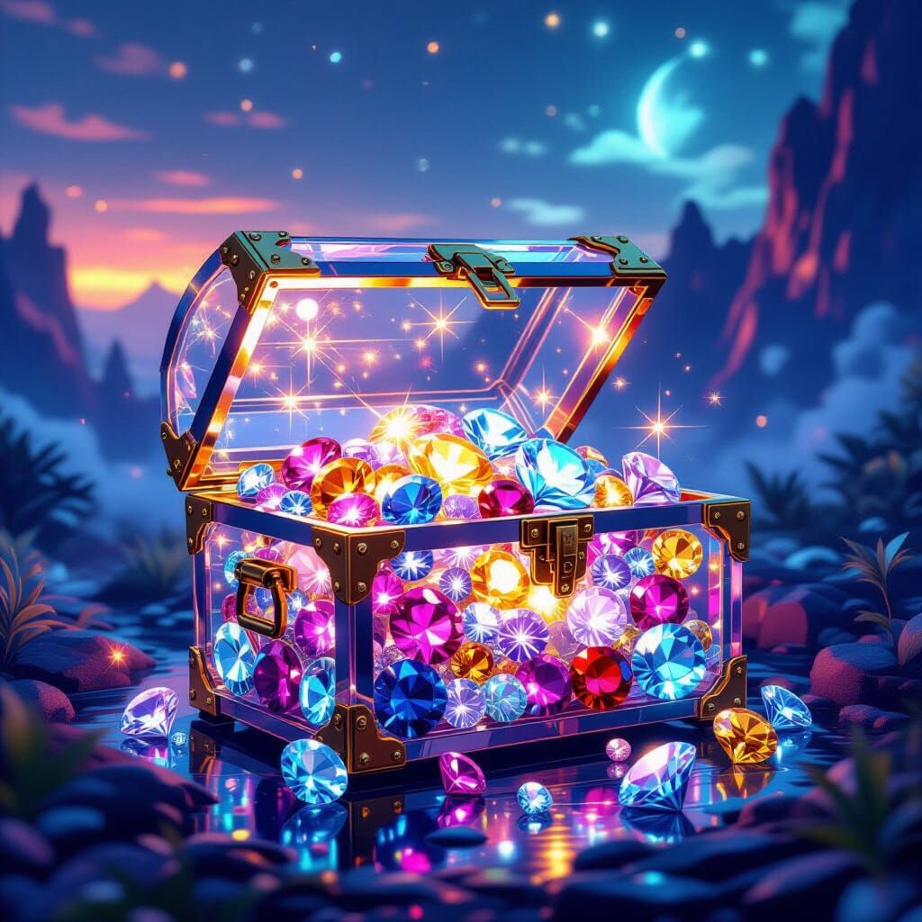 Gems Overflowing from Treasure Chest in Neon Landscape