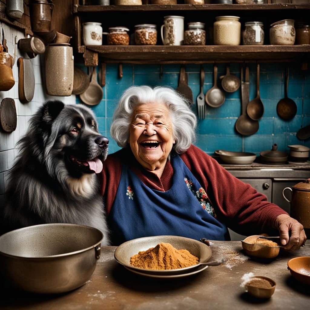 Humorous Portrait of Tattooed Woman Brushing Giant Dog