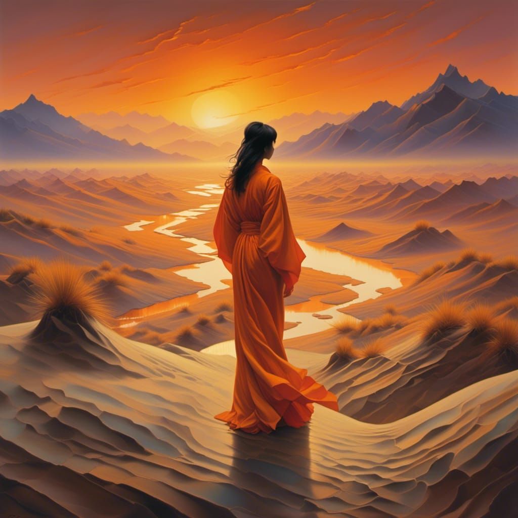 Japanese Woman in Desert Oasis at Golden Hour