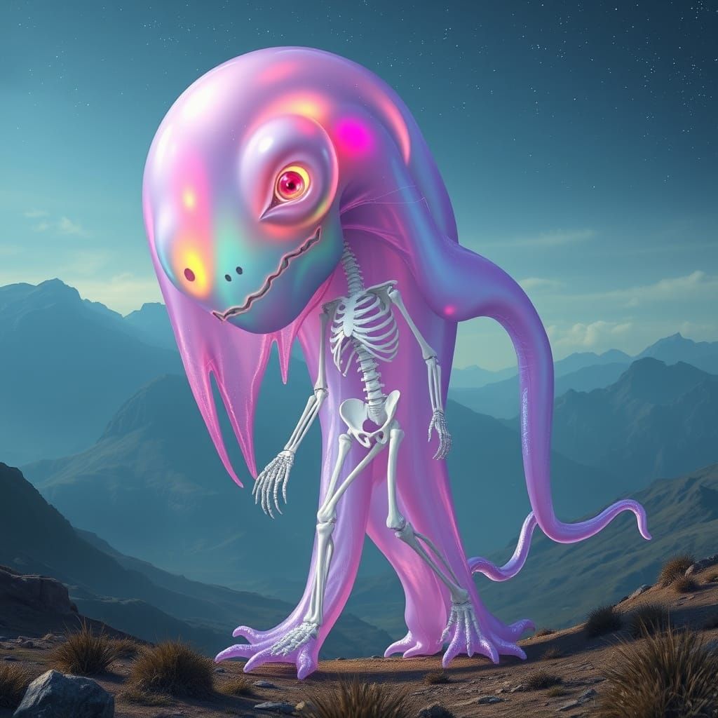 Iridescent Slime Giant in Surreal Landscape