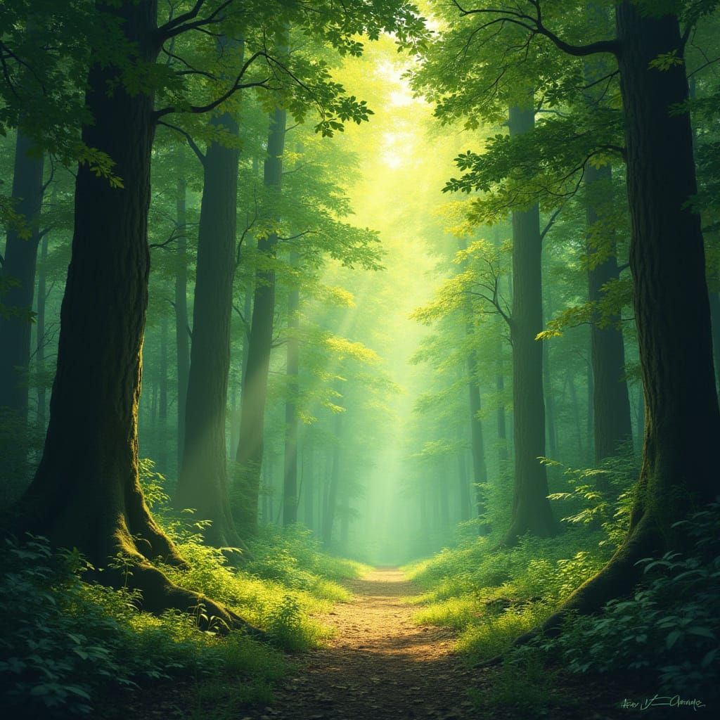 Hyperrealistic Sunlight Through Centenary Green Forest