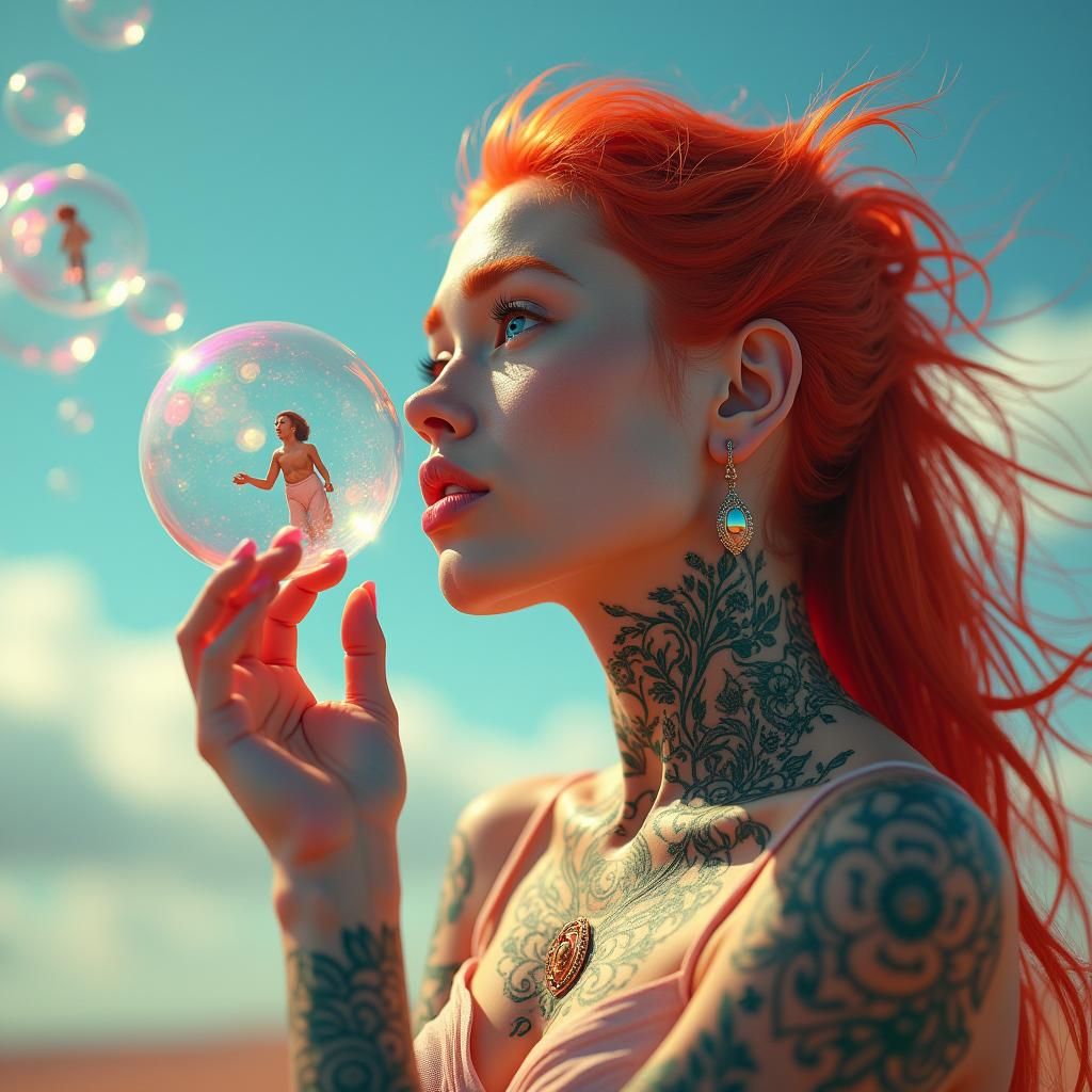Woman with Spiritual Tattoos Blowing Bubbles