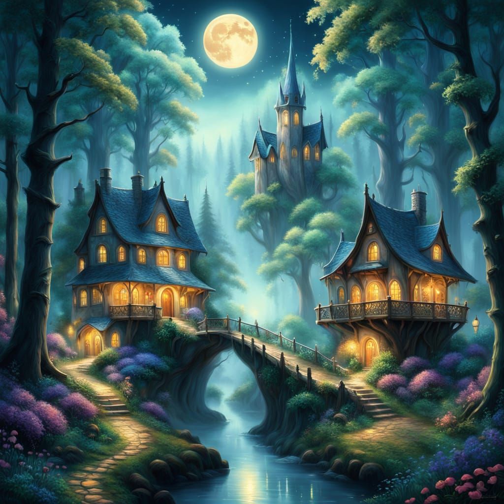 Idyllic Moonlit Village in Whimsical Fantasy Landscape