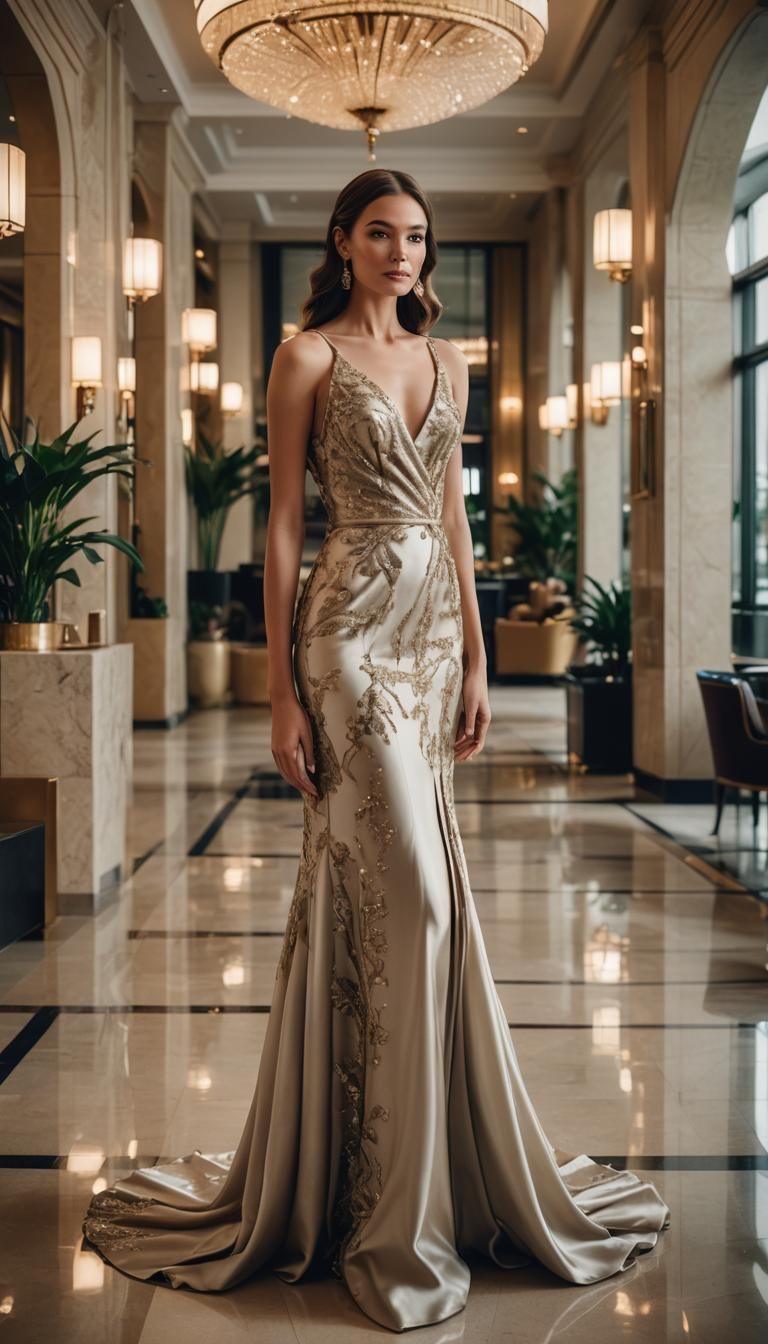 Stunning Woman in Silk Gown in Luxury Hotel
