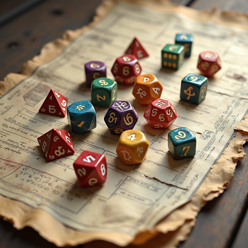 Photorealistic Dice and D&D Character Sheet in a Warm, Blend...