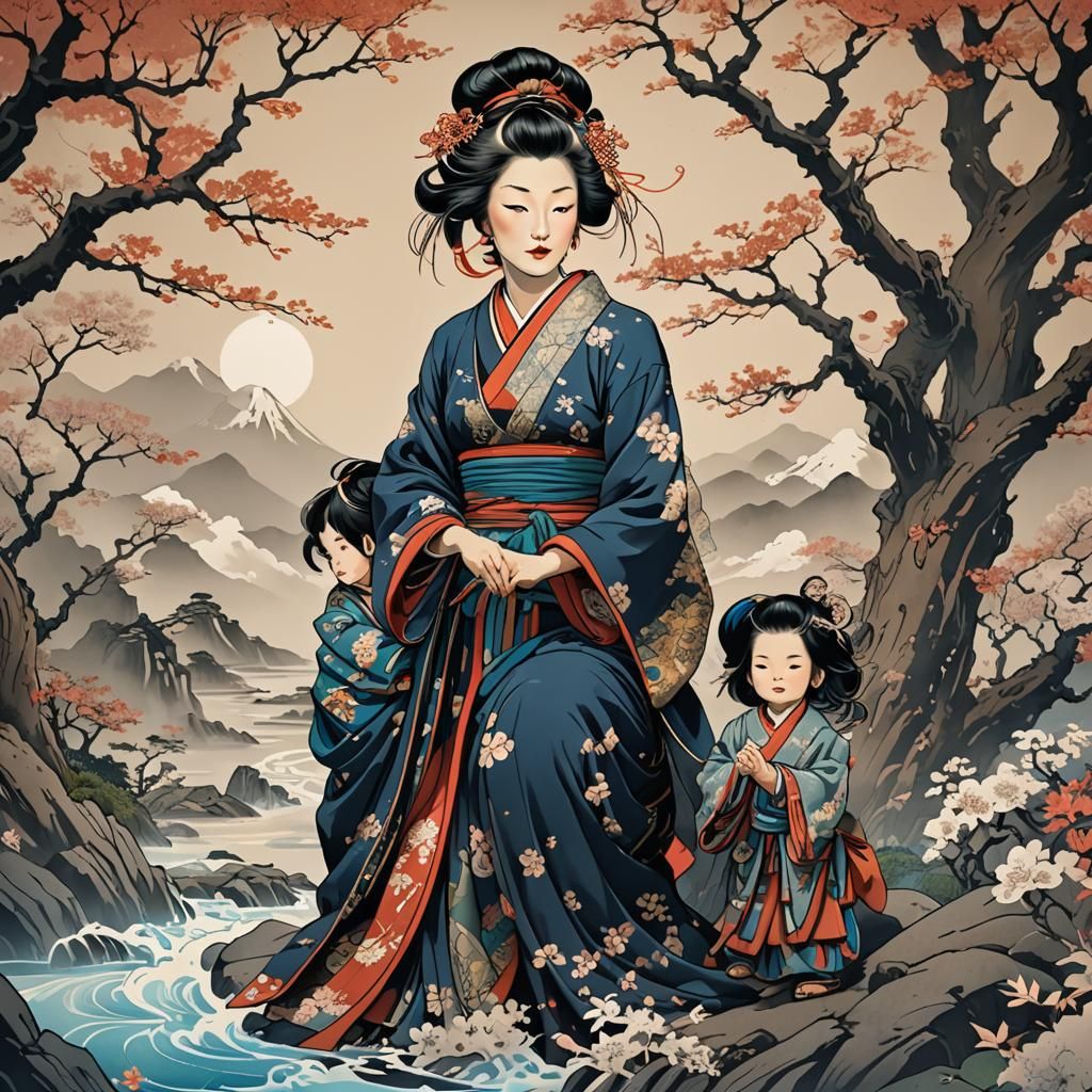 Ukiyo-e Mother's Love in Ink