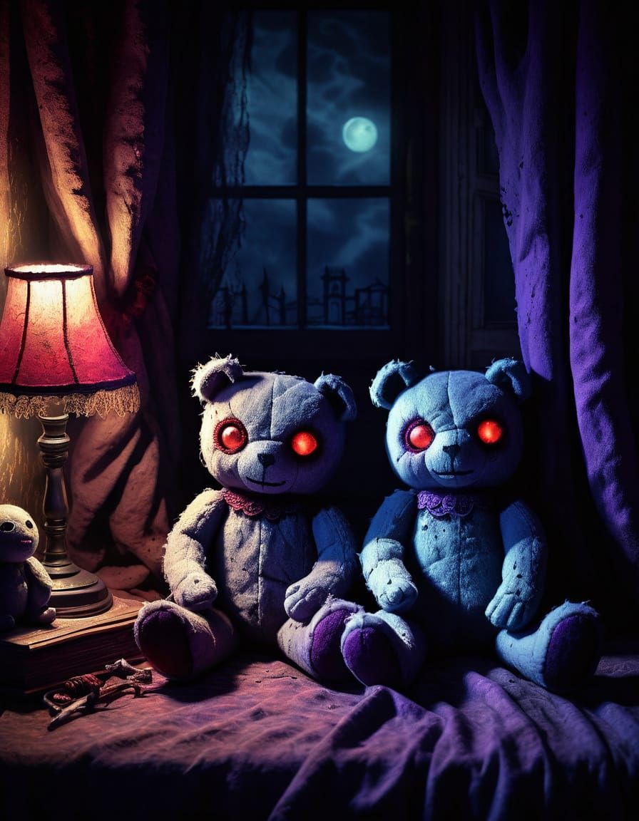 Evil Stuffed Animals in Haunted Bedroom Oil Painting