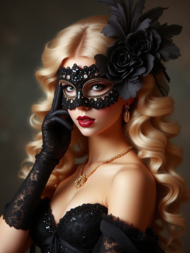 Woman in Black Sequin Mask and Gown