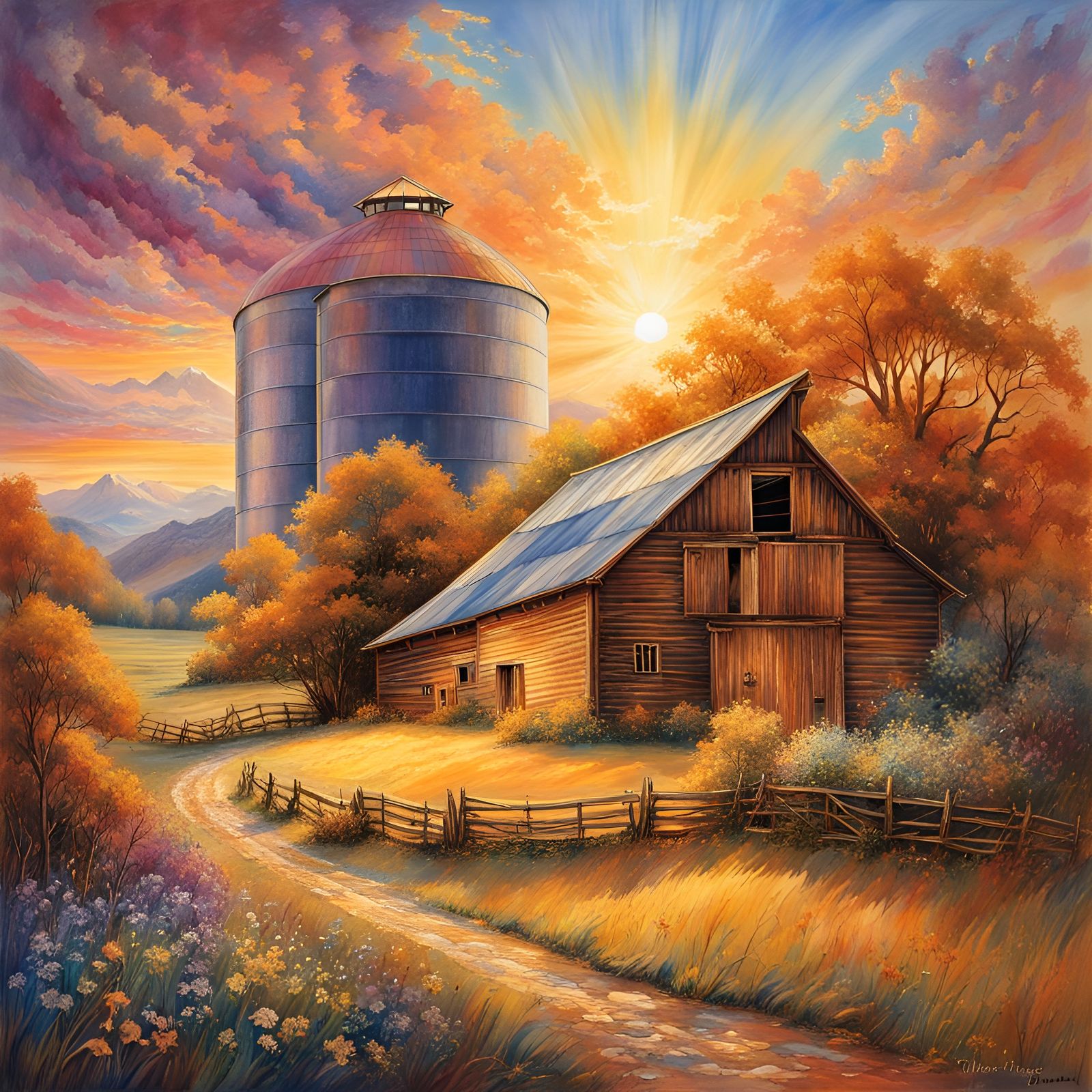 Polychromatic Barn and Silo Landscape in Watercolor