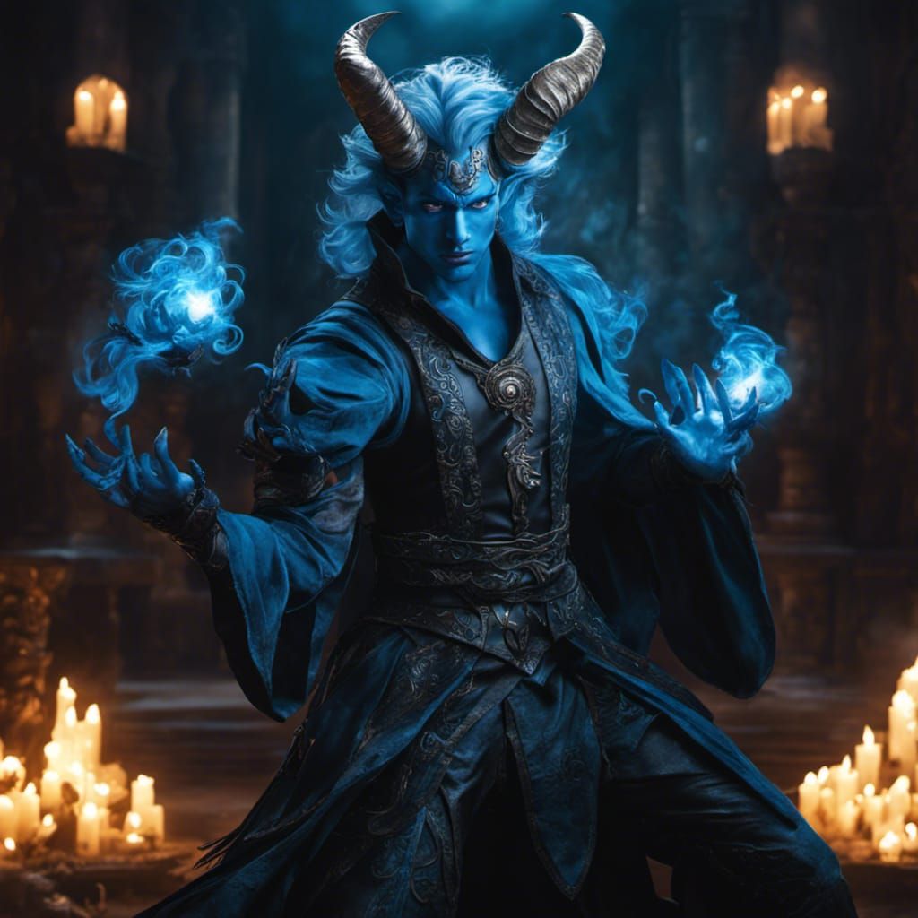 Detailed Tiefling Mage with Swirling Runes, Rococo Style