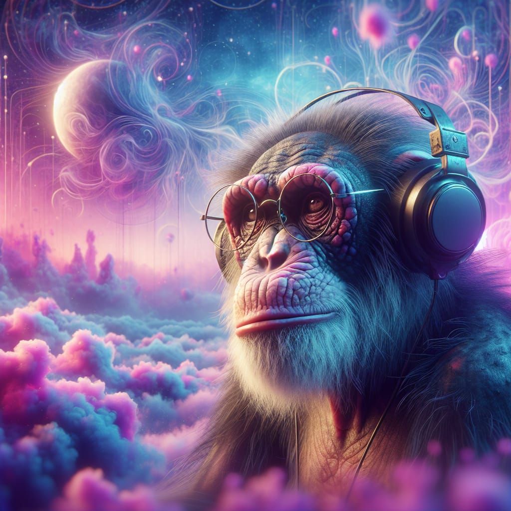 Aged Chimpanzee in Whimsical Fantasy Landscape