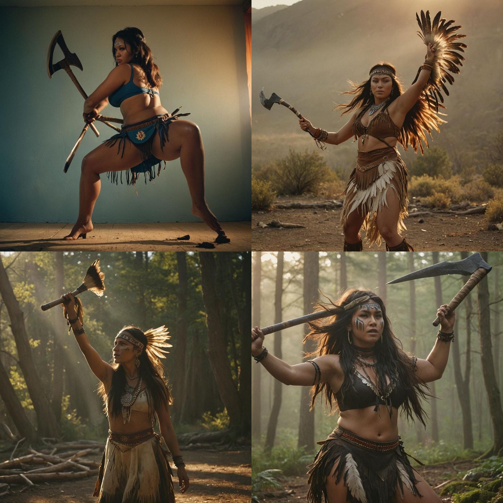 Cinematic Native American Woman Dancing with Tomahawk