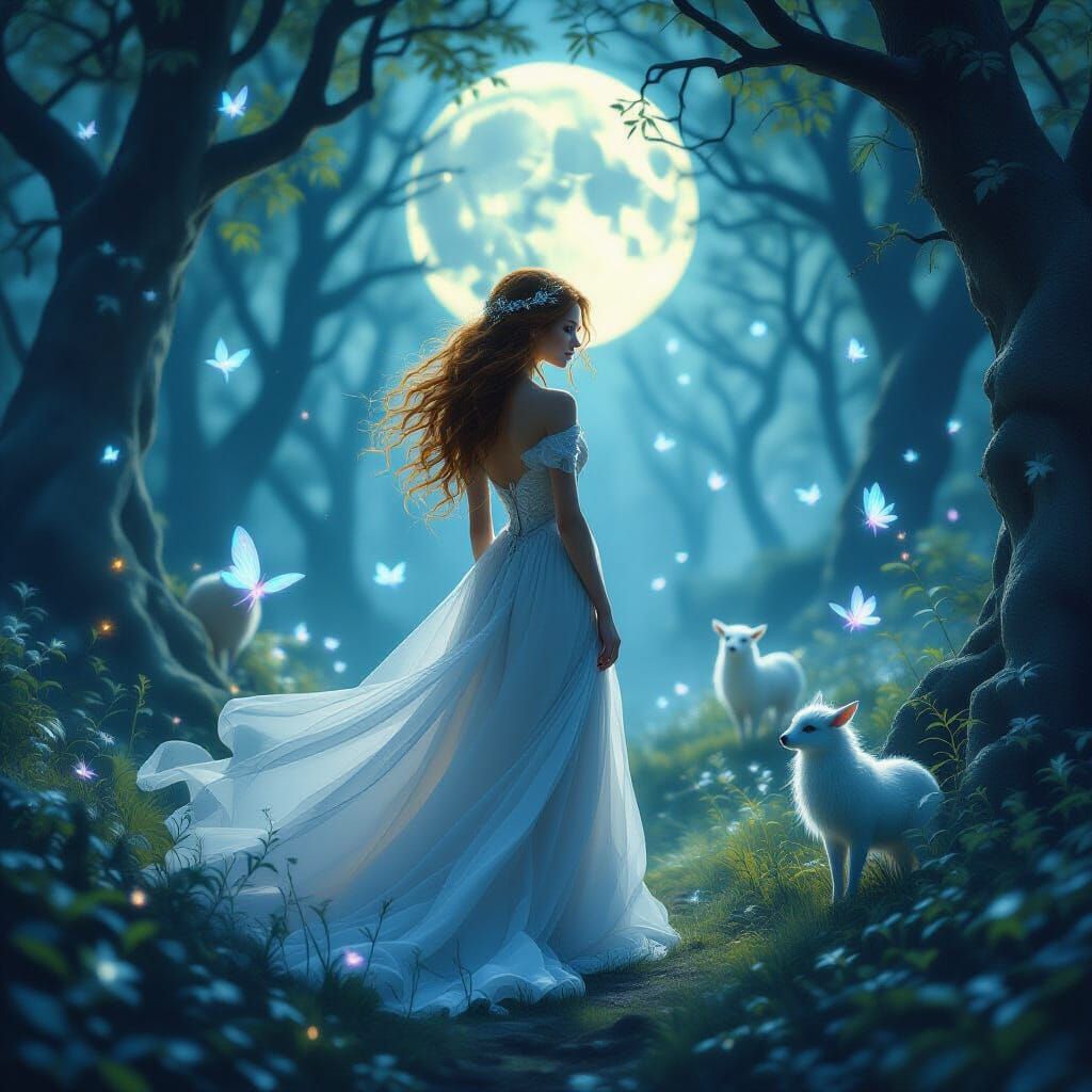 Ethereal Fantasy Woman with Mythical Beasts in Moonlit Fores...