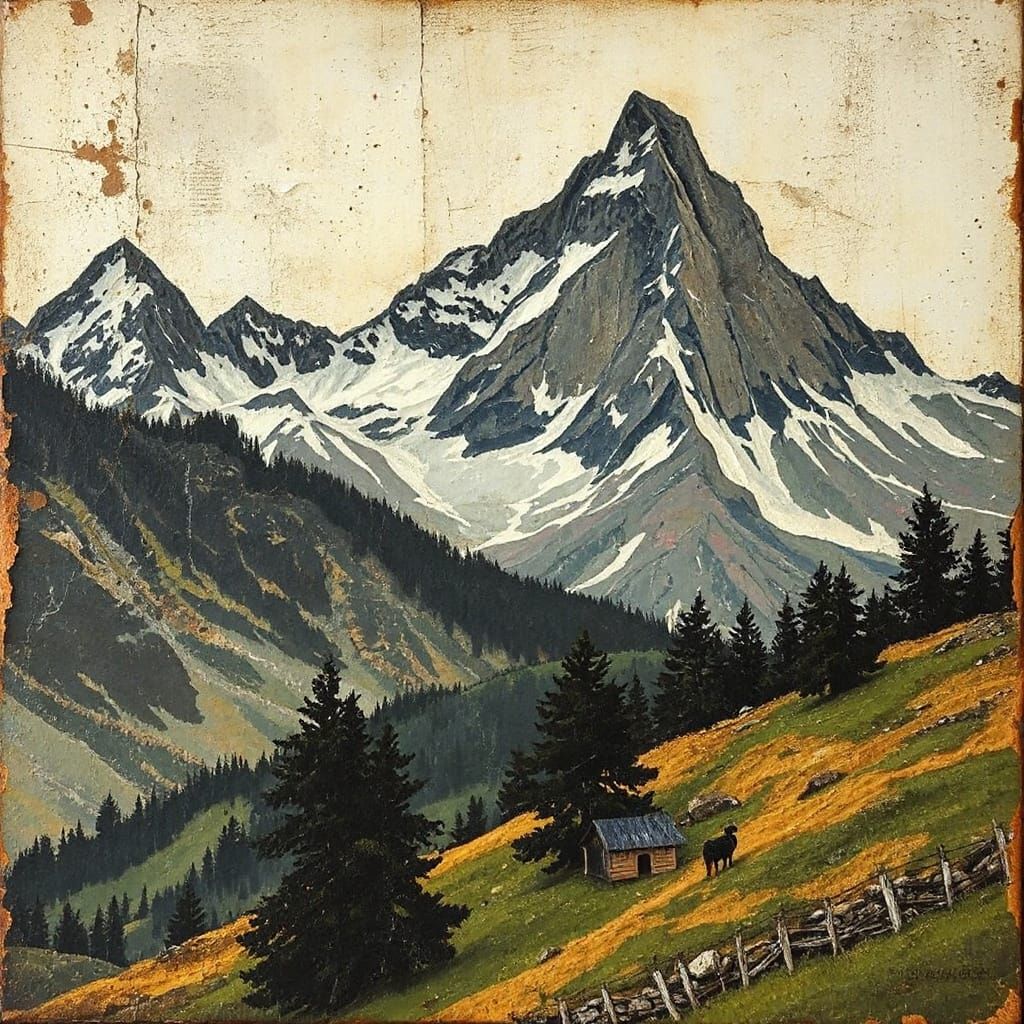 Textured Encaustic Painting of Swiss Alps in Naive Style