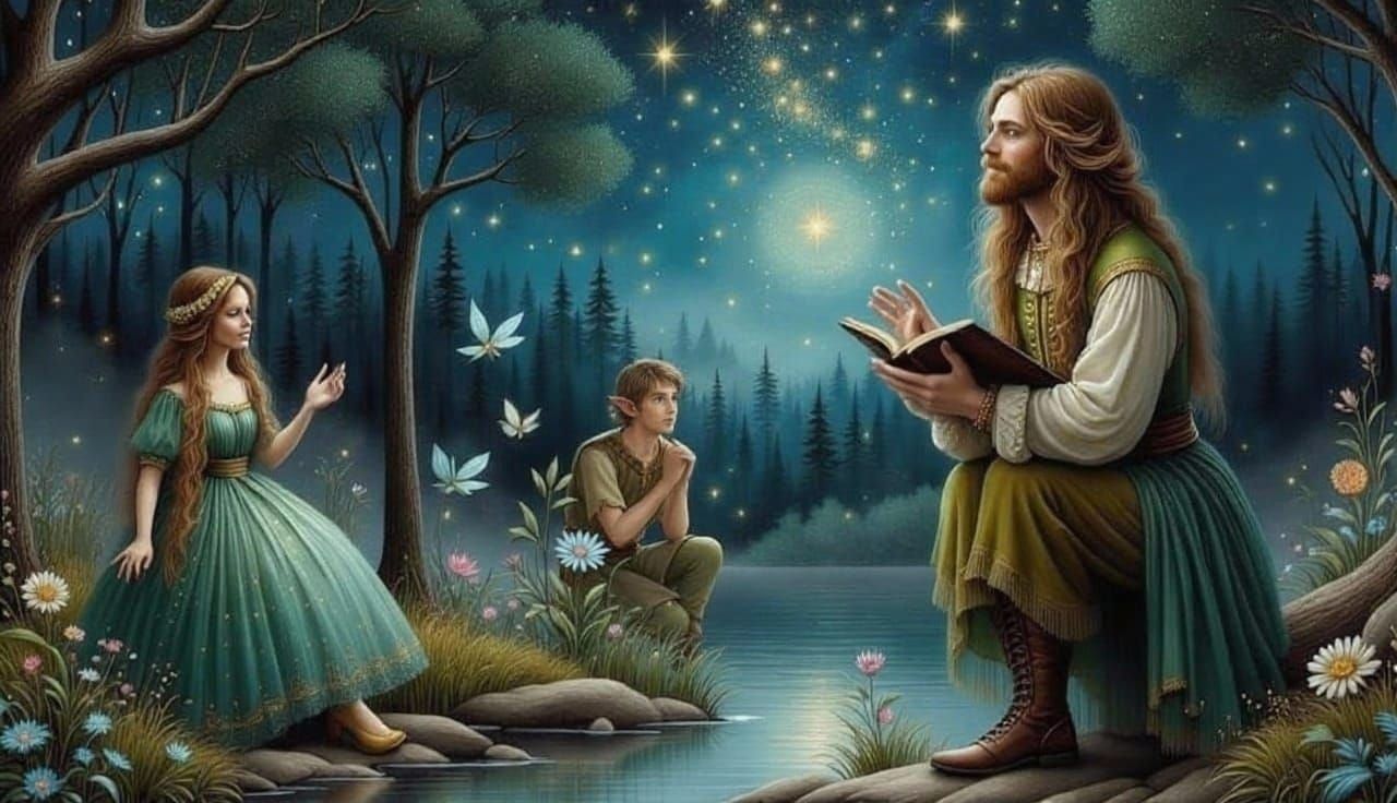 Shakespeare Recites to Fairies in Moonlit Forest