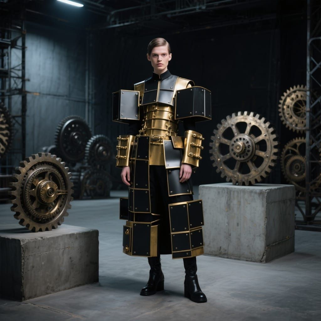 Model in Bauhaus-Steampunk Style Industrial Setting