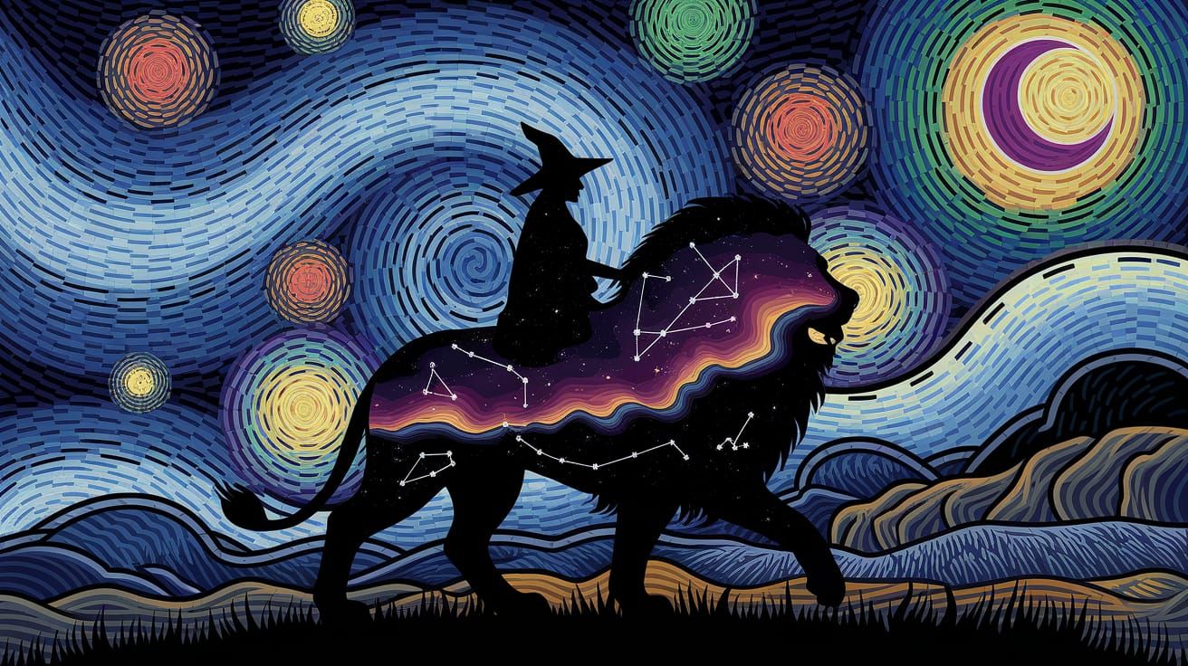 Cosmic Witch Riding a Majestic Lion Through Constellations