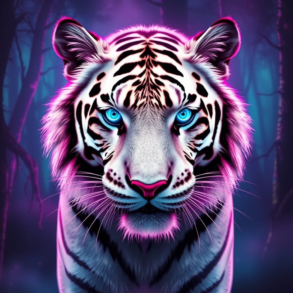 Surreal White Tiger Roams a Neon Forest