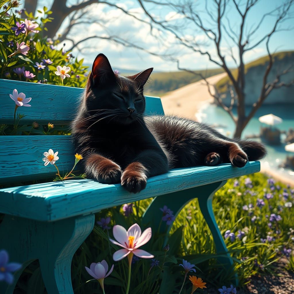 Stunning Digital Garden Scene with Black Cat and Turquoise B...