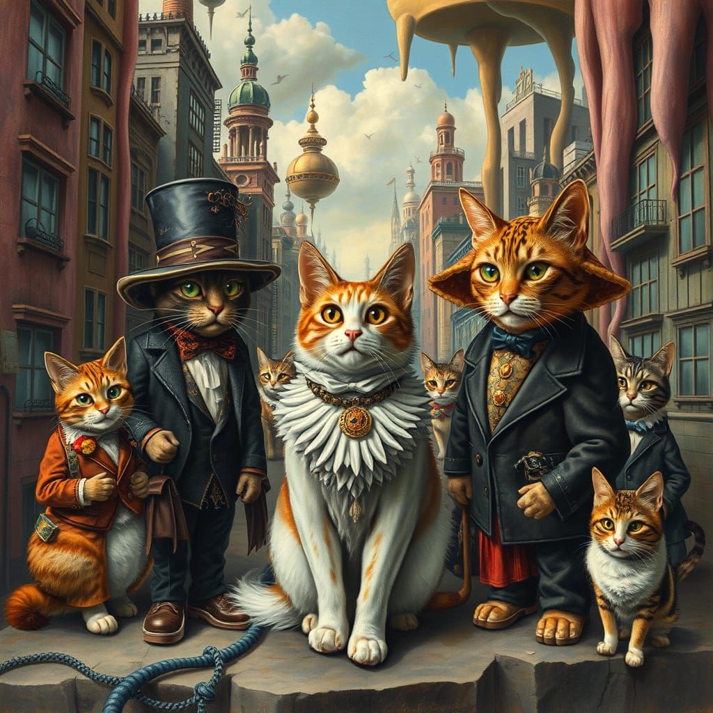 Surreal Cats in Elaborate Attire Populate a Dreamlike City