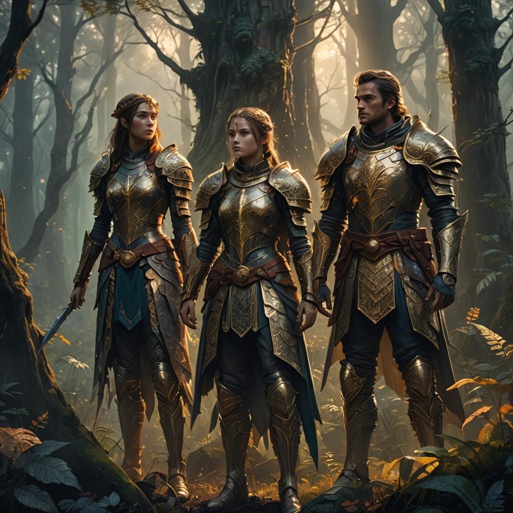 Armored Siblings in Mystical Forest: Fantasy Art