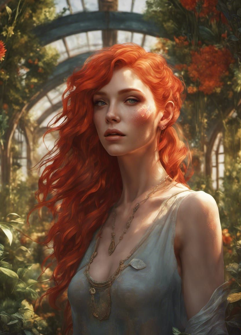 Red-Haired Nature Goddess in Hyperdetailed Garden