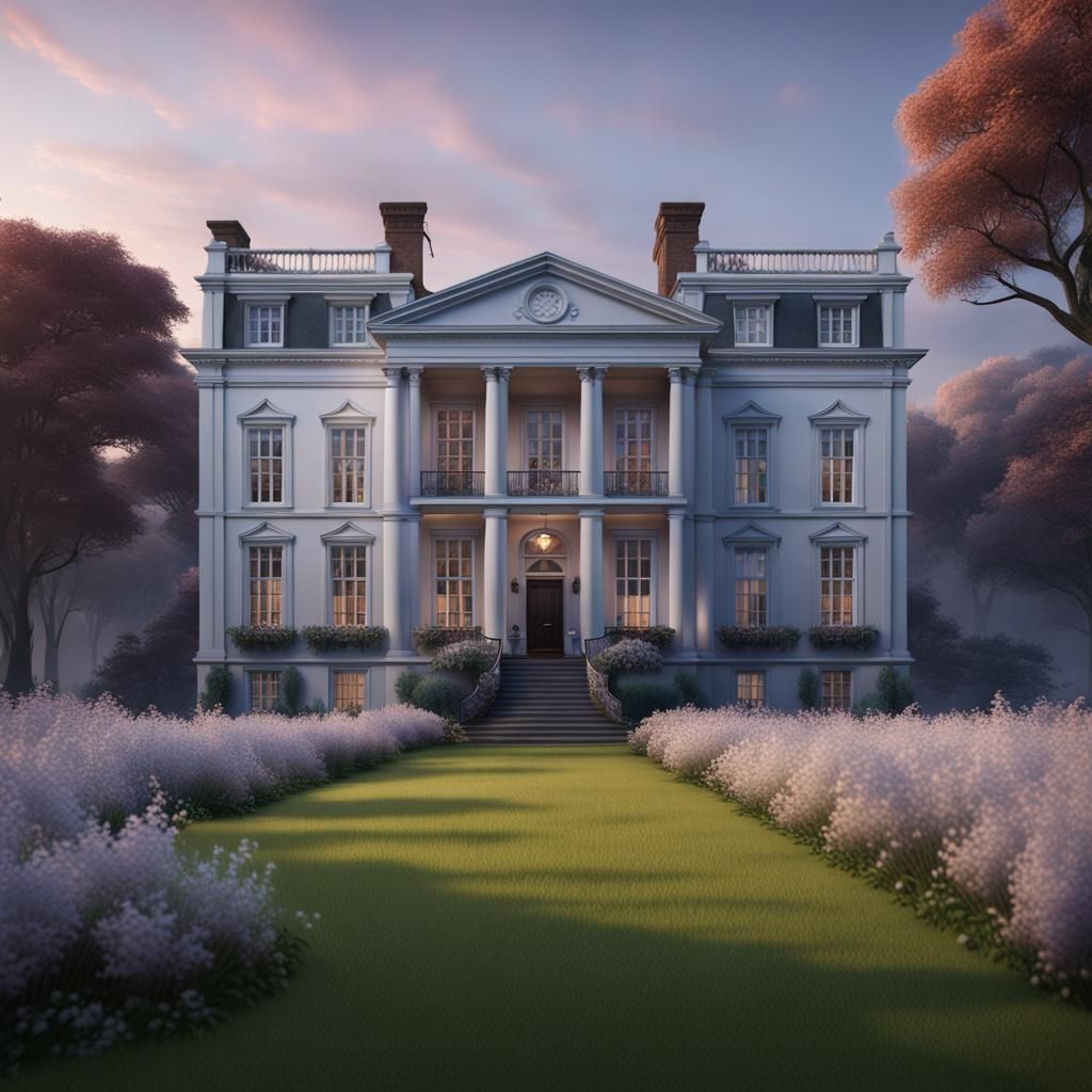 Georgian Mansion Under Dawn Sky: Detailed Matte Painting