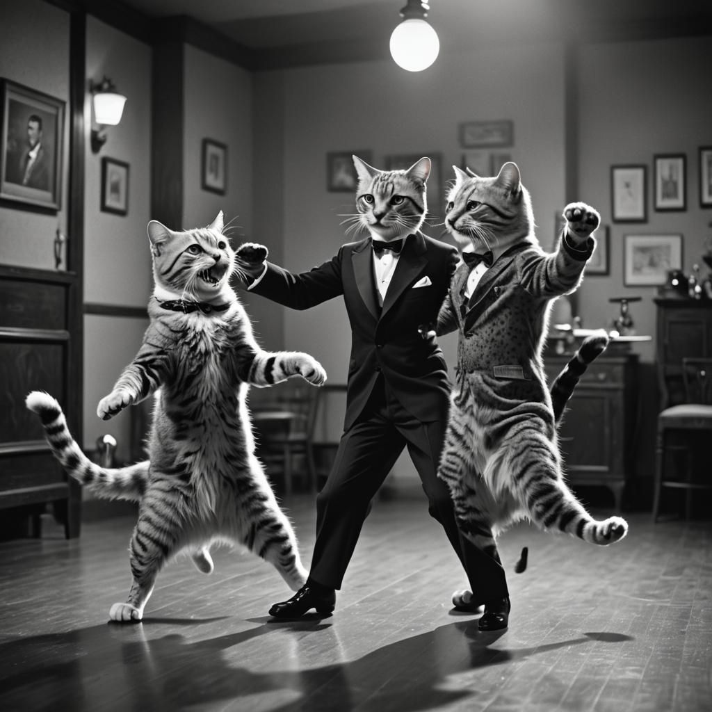 Dancing Cats in Noir Style: A Cinematic Scene