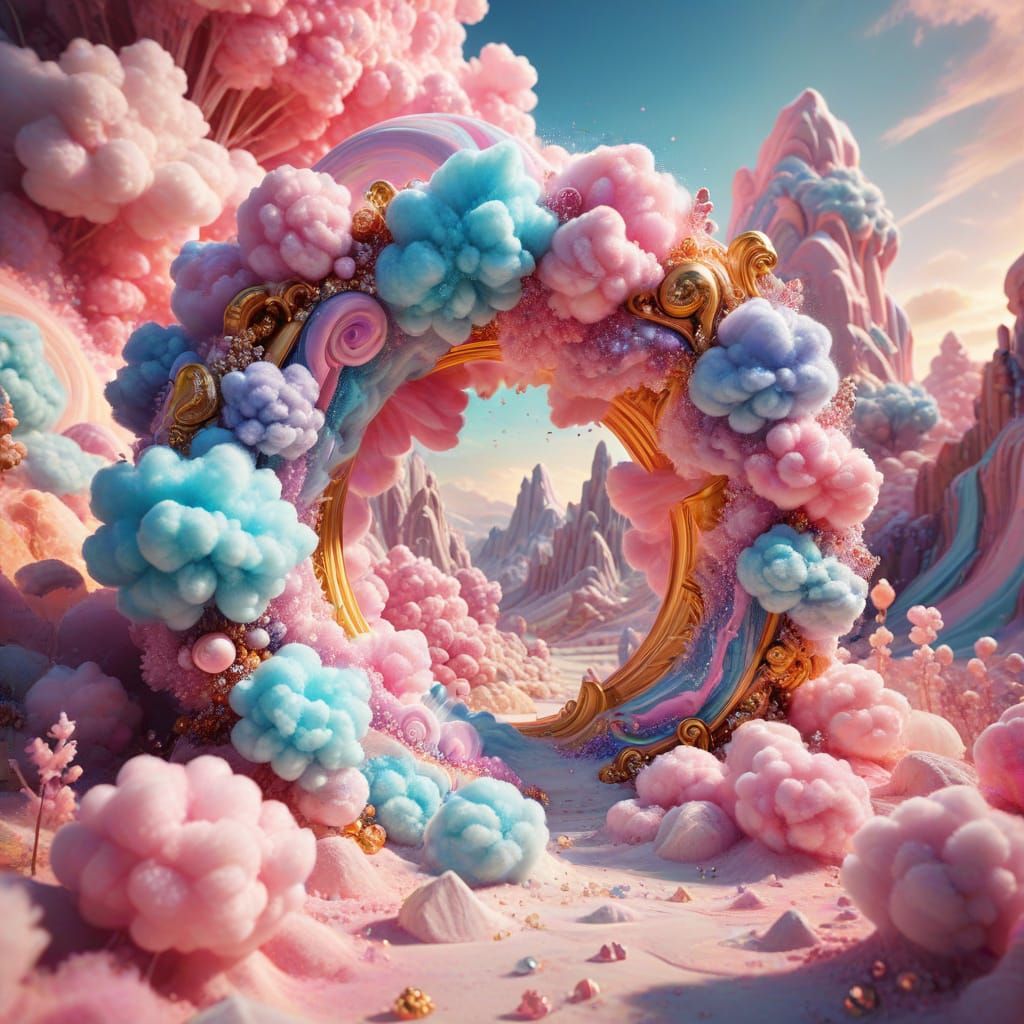 Colorful Cotton Candy Portal in Dreamlike Landscape