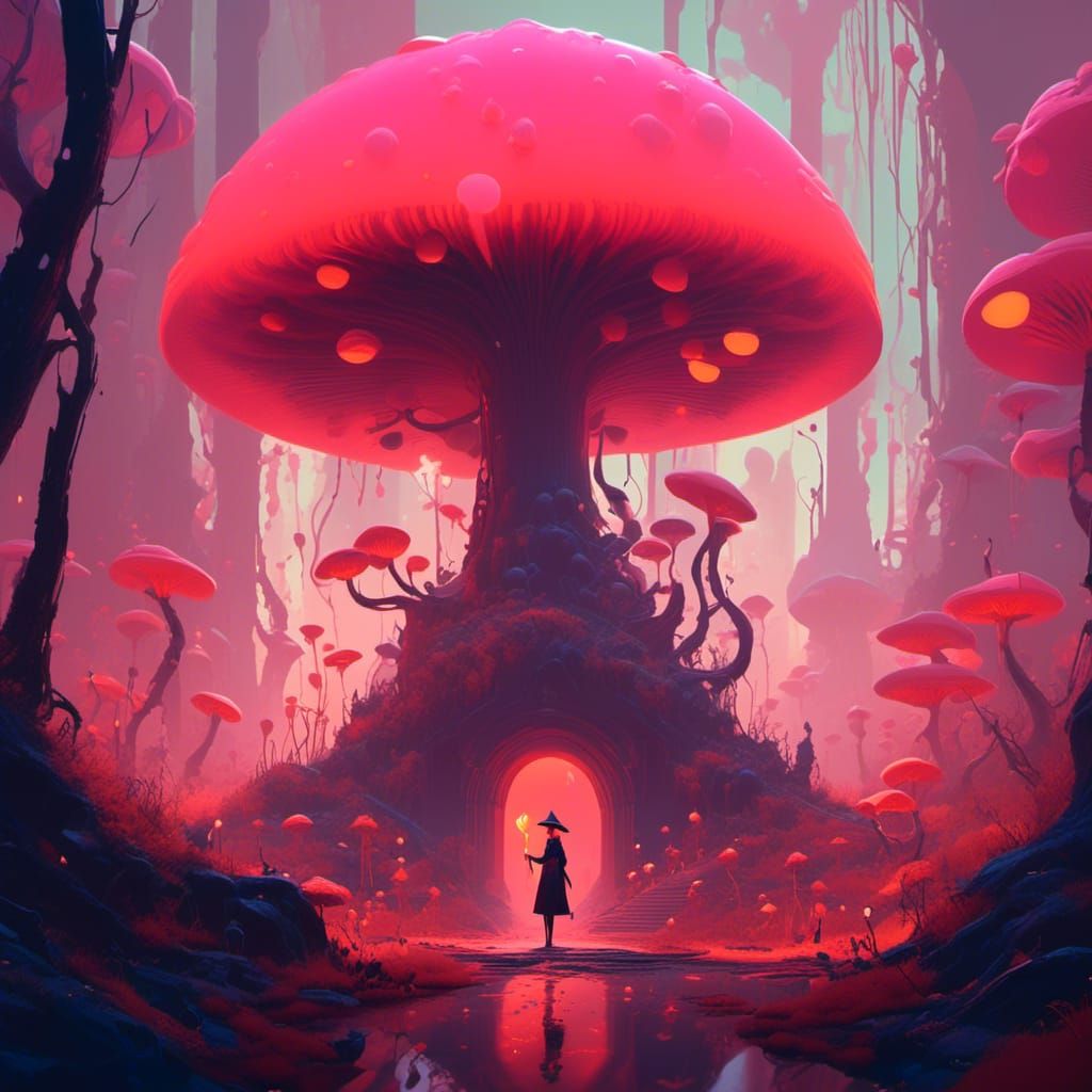 Demon Witch in Surreal Mushroom Forest, Digital Art
