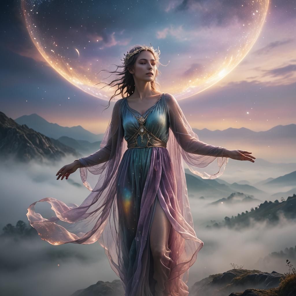 Mystical Being Floats in Ethereal Landscape