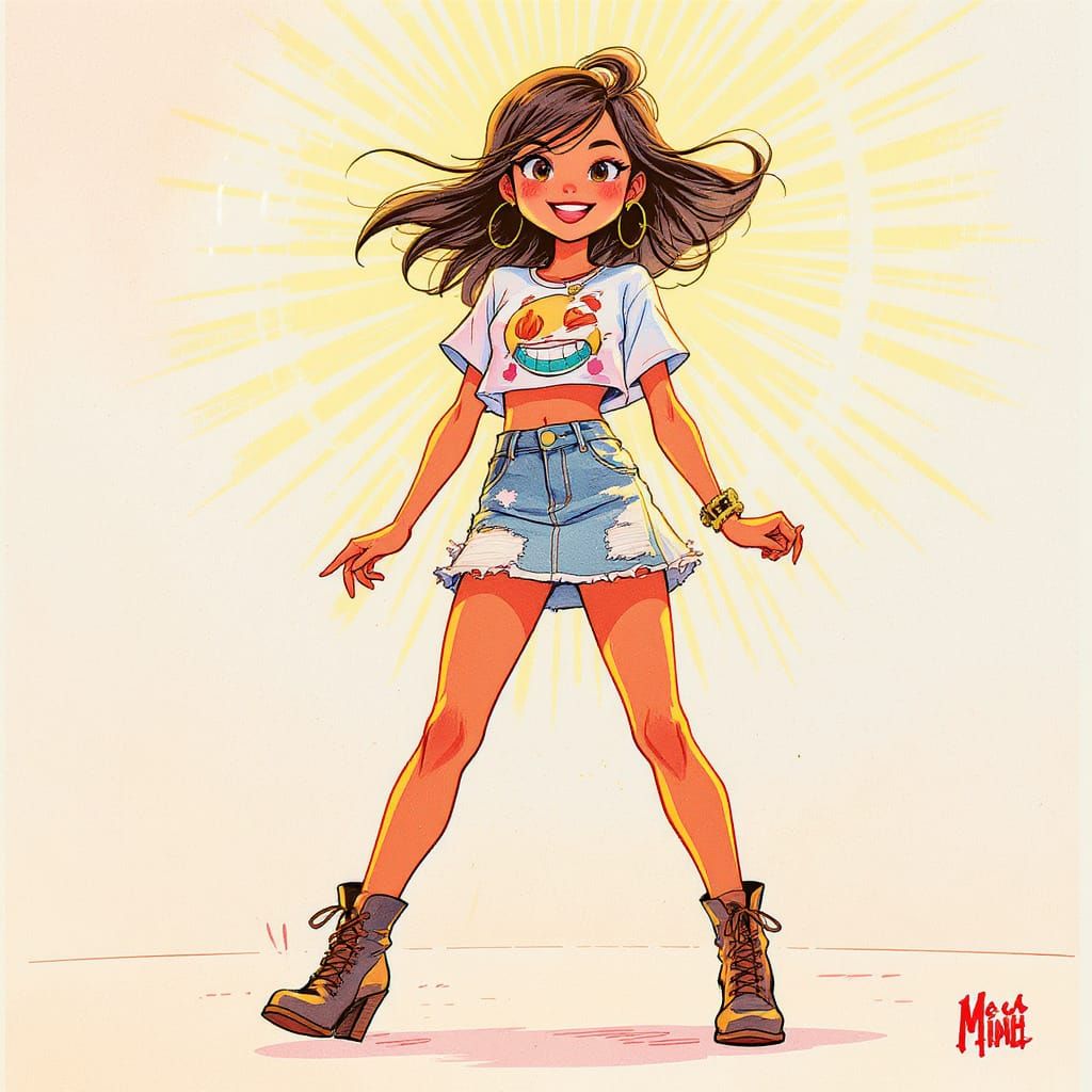 Young Girl in Stylish Skirt and Boots, Comic Art Style