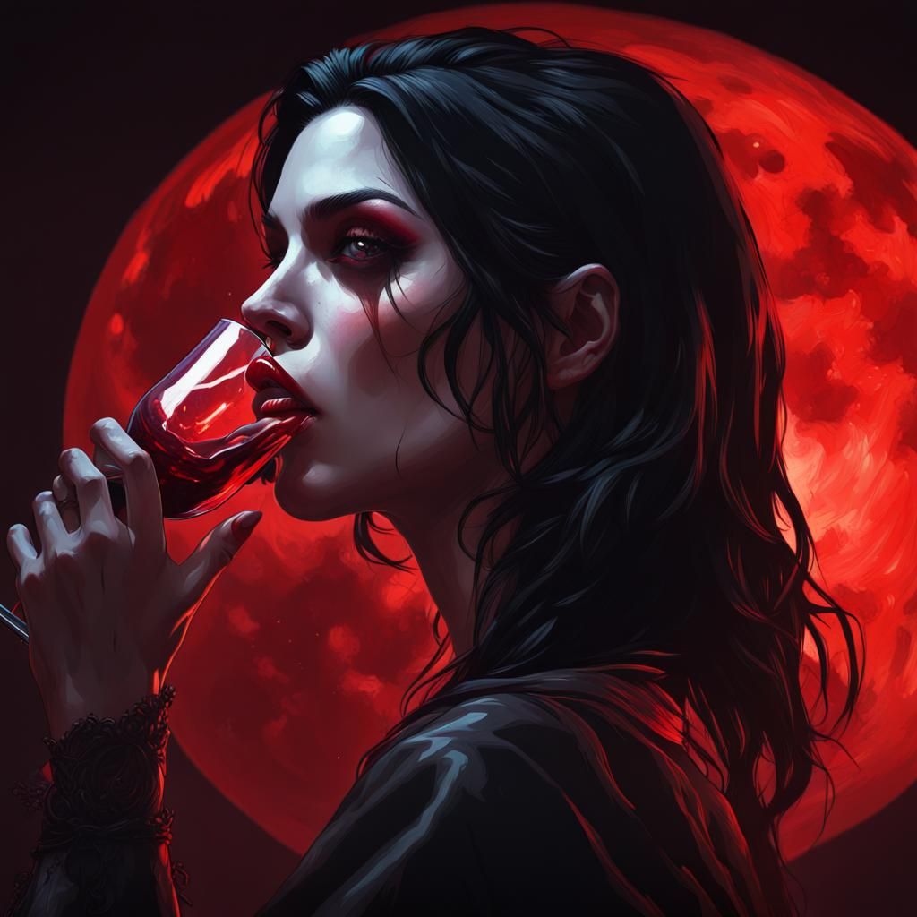 Vampire Sipping Blood Under Red Moonlight
