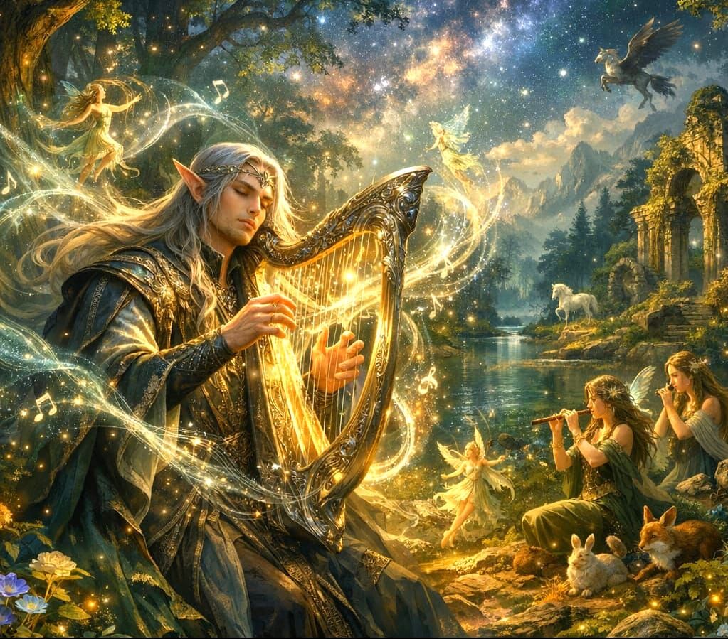 Elven Bard Plays Luminous Harp in Enchanted Forest