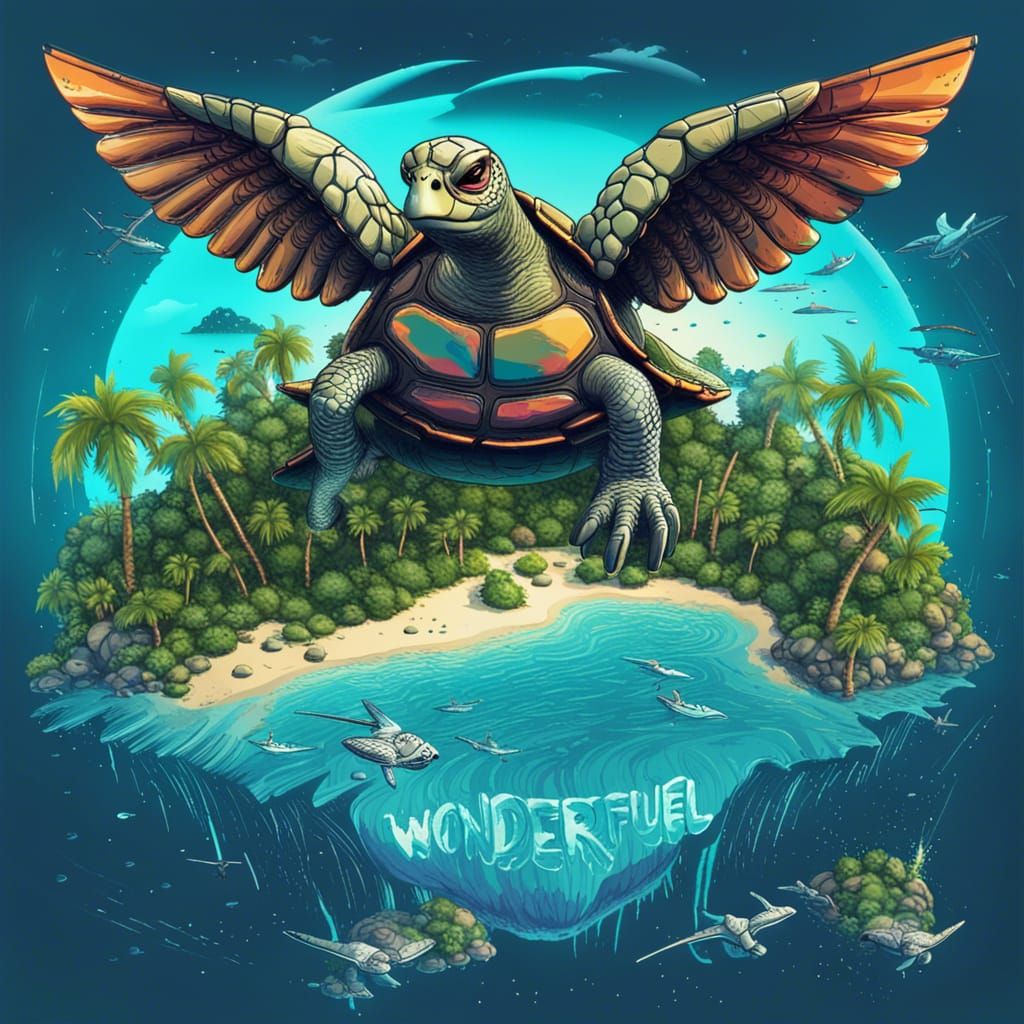Winged Turtle Flies Over Island: Cyberpunk Art