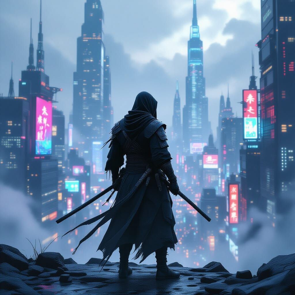 Cyberpunk Ninja Overlook: Neon Noir Cityscape