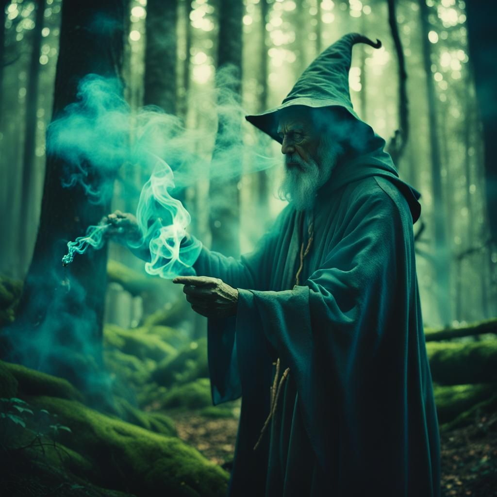Wizard Conjuring Smoke Figure in Dark Forest