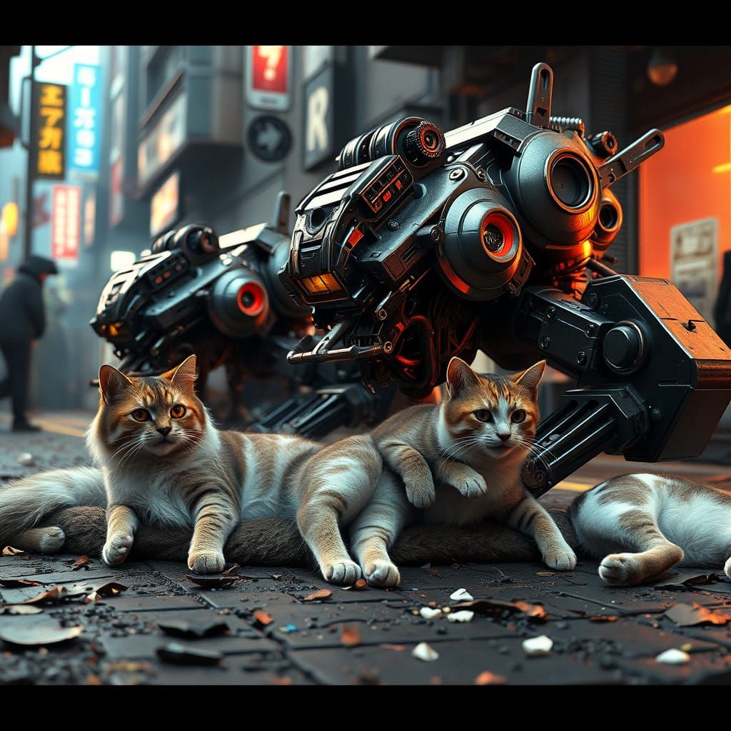 Futuristic Street Scene with Mechanical Cats
