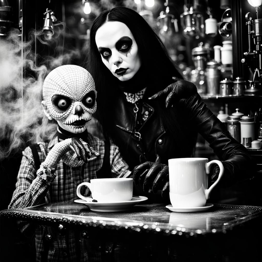 Gothic Model and Ventriloquist Dummy in Fog