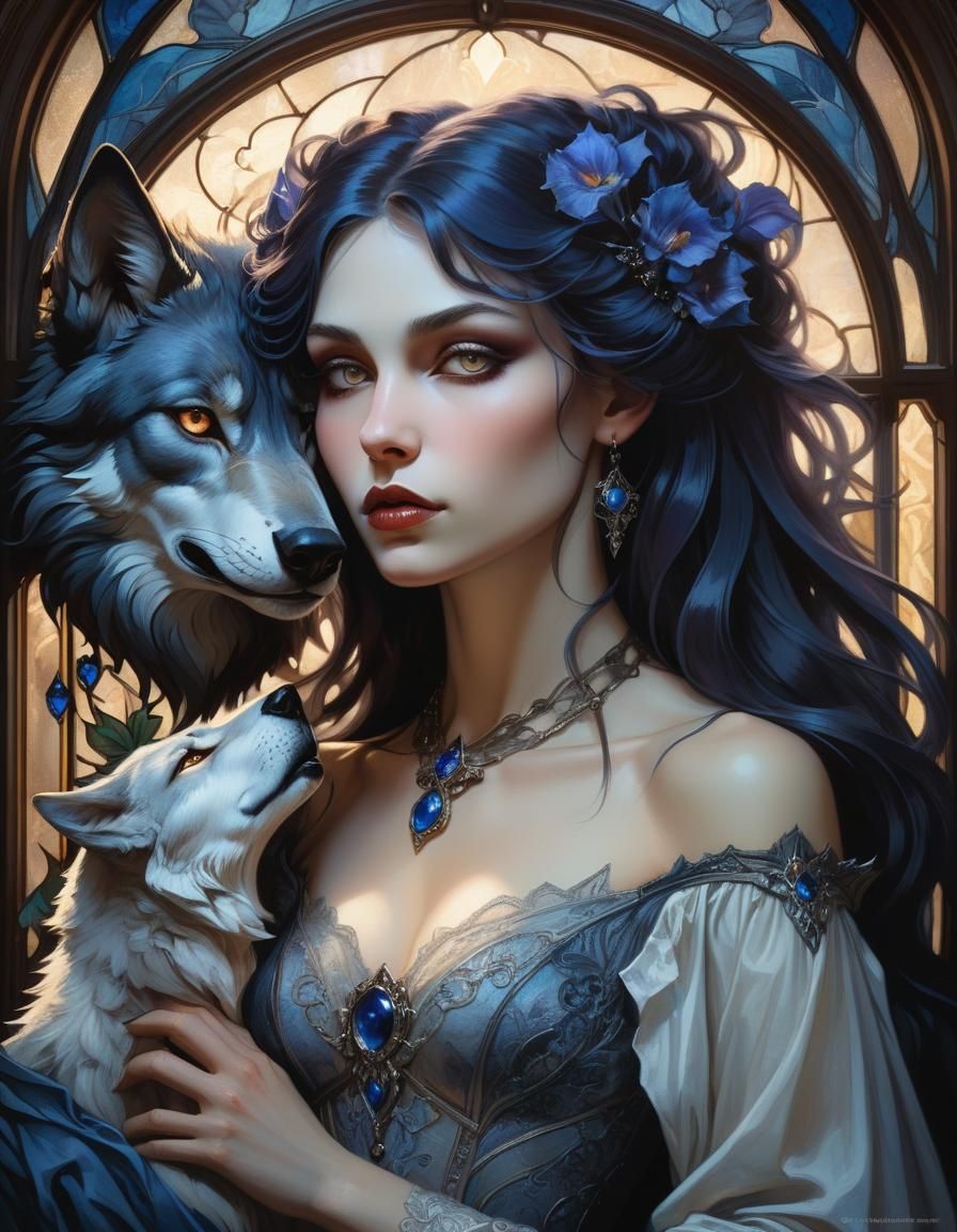 Gothic Woman with Wolf in Dark Fantasy Art