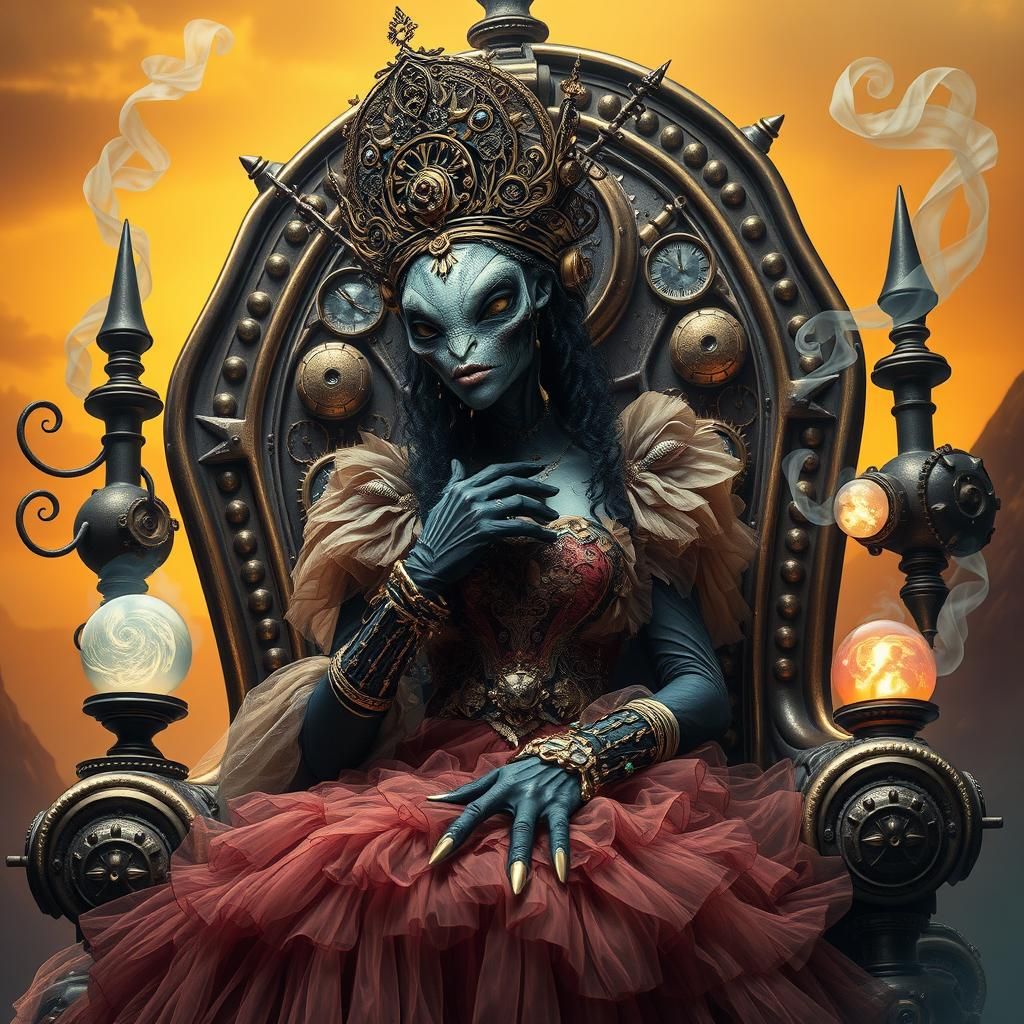 Steampunk Alien Queen on Throne in Matte Painting Style